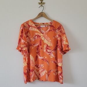 Belle by Kim Gravel Orange Golden Palm Smocked Elbow Sleeve Blouse Size XL